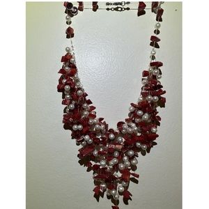 Red Coral & White Pearls Handmade Strand Necklace